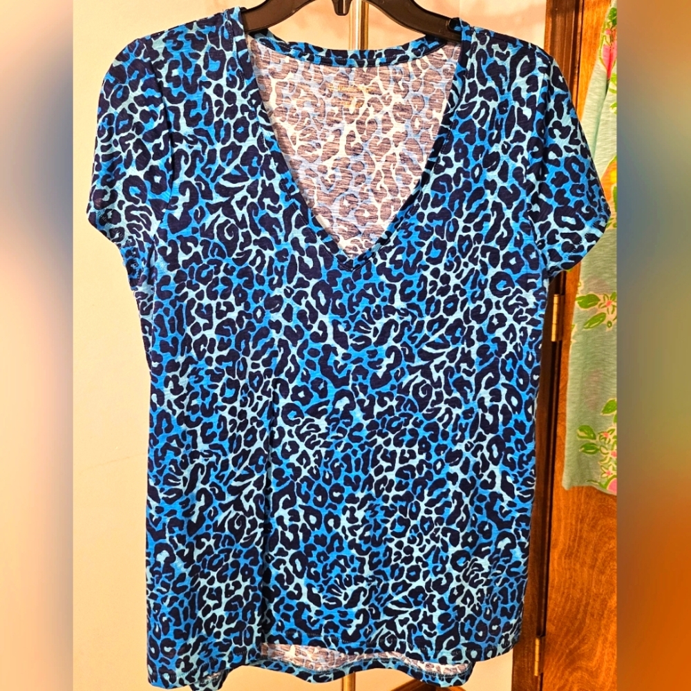 Lilly Pulitzer Etta Blue Leopard Print V-Neck Top